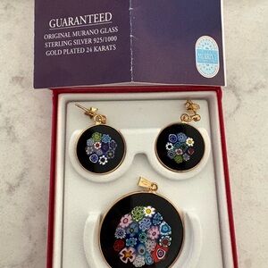 Murano Black and Gold Floral Earrings and Pendant